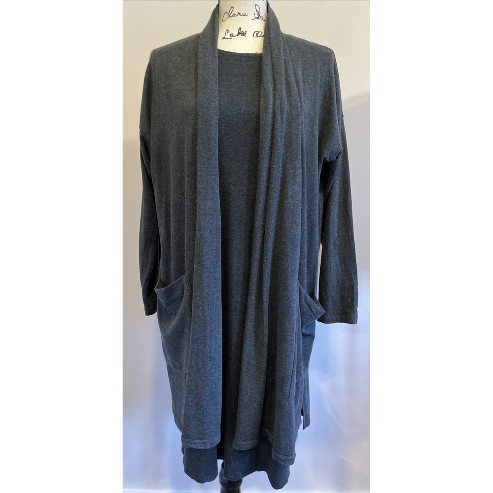 Eileen Fisher 2PC Charcoal Gray Cotton Dress Cardigan Set M Minimalist Lagenlook - Picture 2 of 16